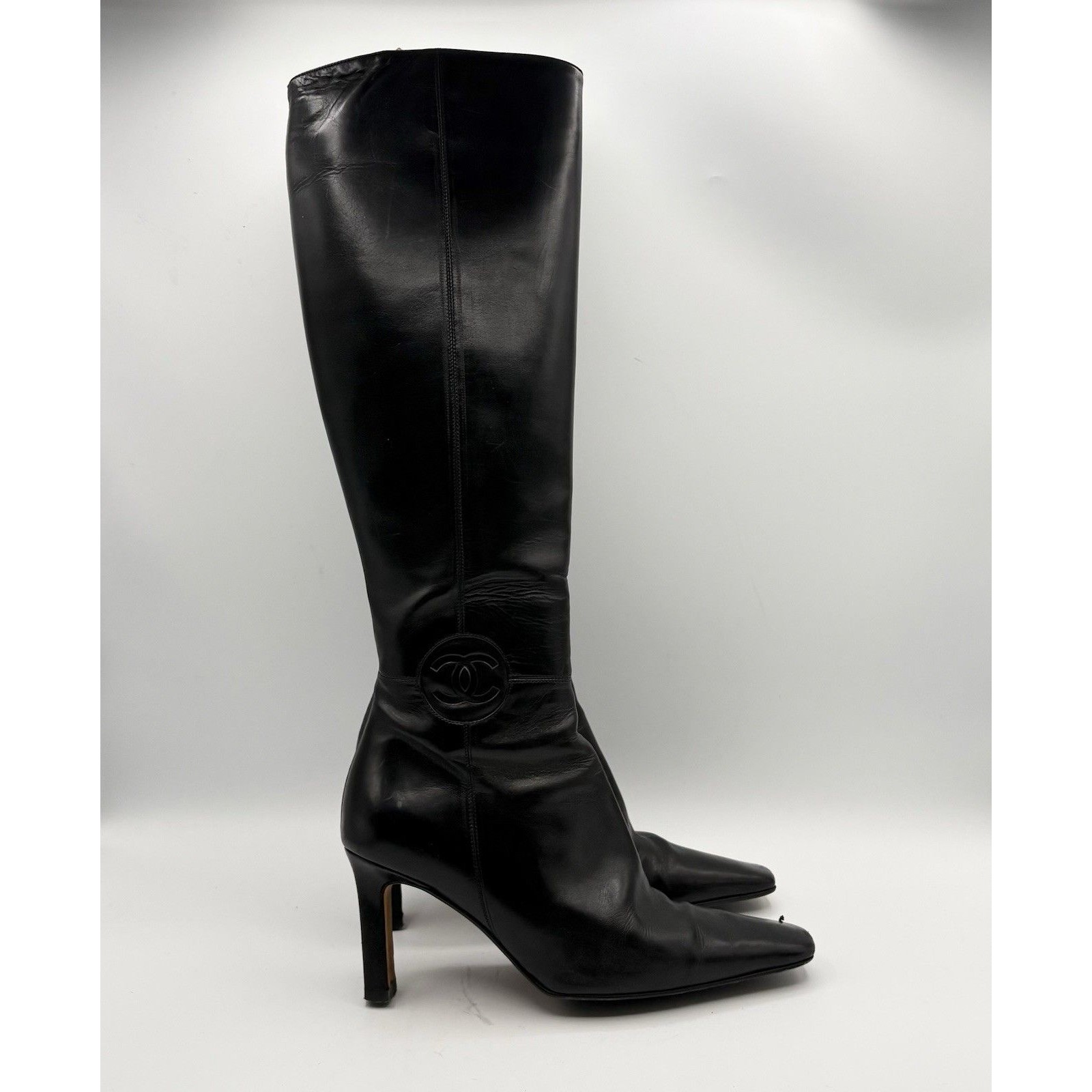 Chanel Black Leather Cc Logo Knee High Boots Square Toe Vintage Size Eu 35